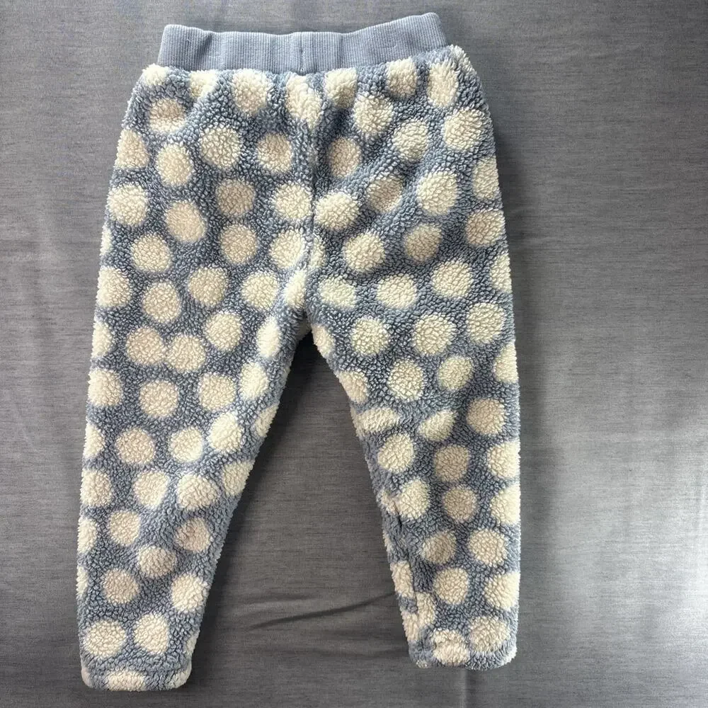 Hanna Andersson 3T Blue White/Cream Polka Dot Fleece‎ 2pc Outfit Set Pants Fuzzy